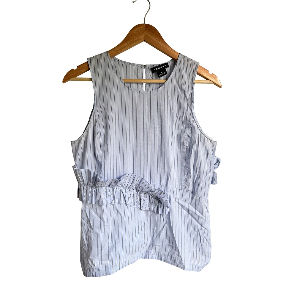 Trouve Womens Blue White Striped Ruffle Peplum Sleeveless Blouse Top Size M